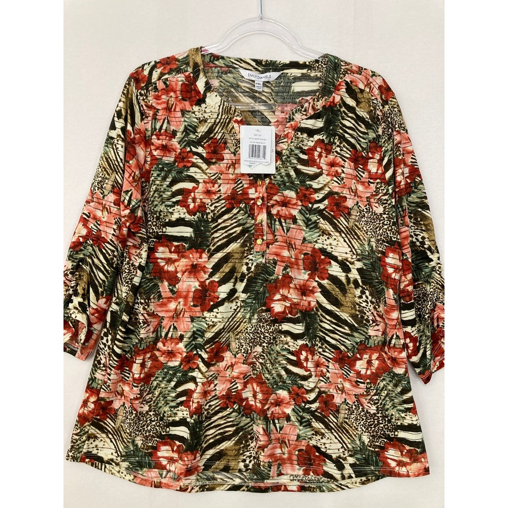 New Emily‎ Daniels Knit Top PXL Tropical Floral  Print Ruched Sleeve Stretch